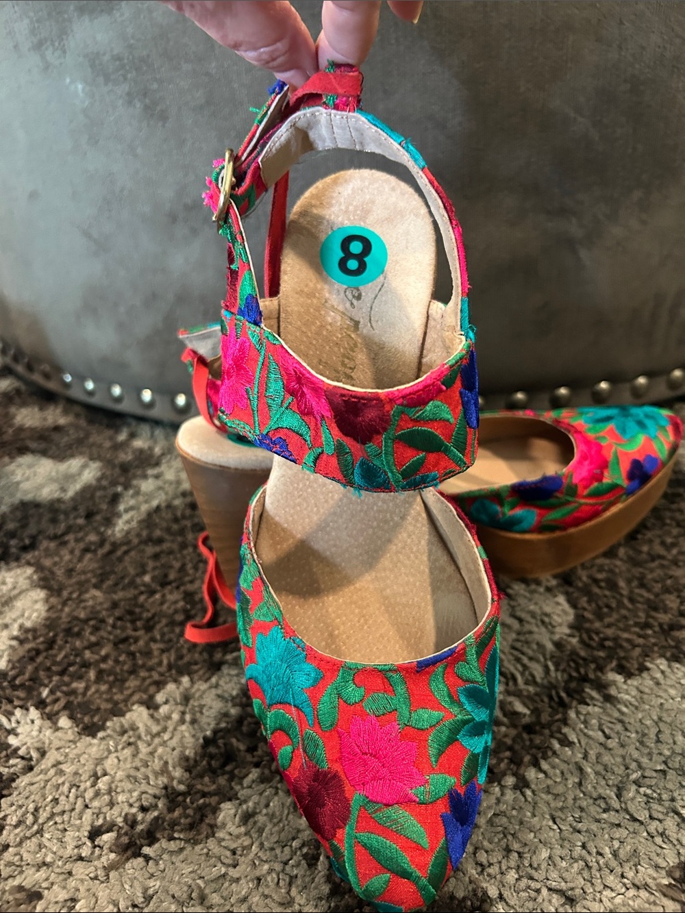 Free People Multicolor Embroidered Pointed-Toe Ankle-Tie Heels - Picture 4 of 5